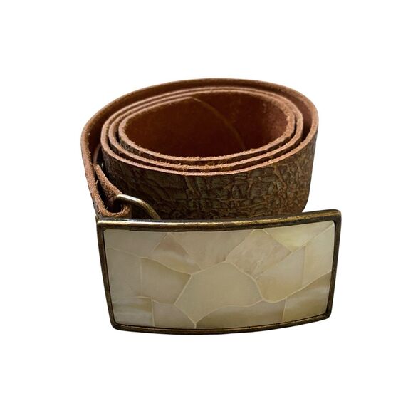 Leather Belt Buckle Women M Brown Leather Mother Of Pearl Boho Gipsy Grunge - Picture 1 of 4